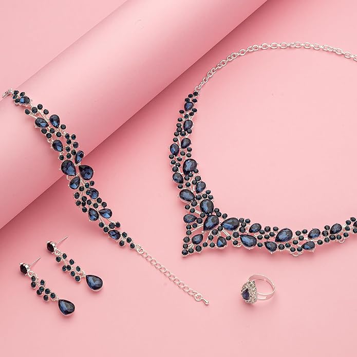 Paxuan Crystal Bridal Wedding Jewelry Sets for Women Rhinestone Teardrop Crystal Statement Choker Necklace Drop Earrings Link Bracelets Rings Teardrop Jewelry Set for Brides Bridesmaids
