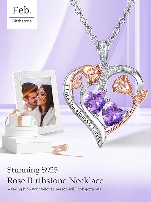 Zeuslia Double Birthstone Necklace Gifts for Wife - 925 Sterling Silver Sunflower/Rose/Crown Cross/Compass/Heart Pendant I Love You Necklace, Anniversary Birthday Gifts for Wife Girlfriend Mom Her