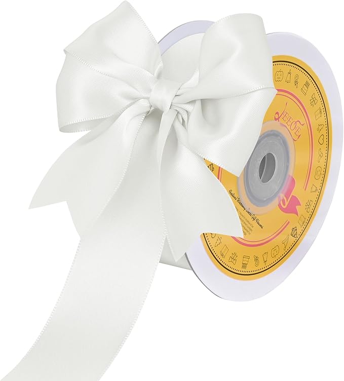 LEEQE Double Face Off White Satin Ribbon 1-1/2 inch X 25 Yards Polyester Off White Ribbon for Gift Wrapping Very Suitable for Weddings Party Hair Bow Invitation Decorations and More