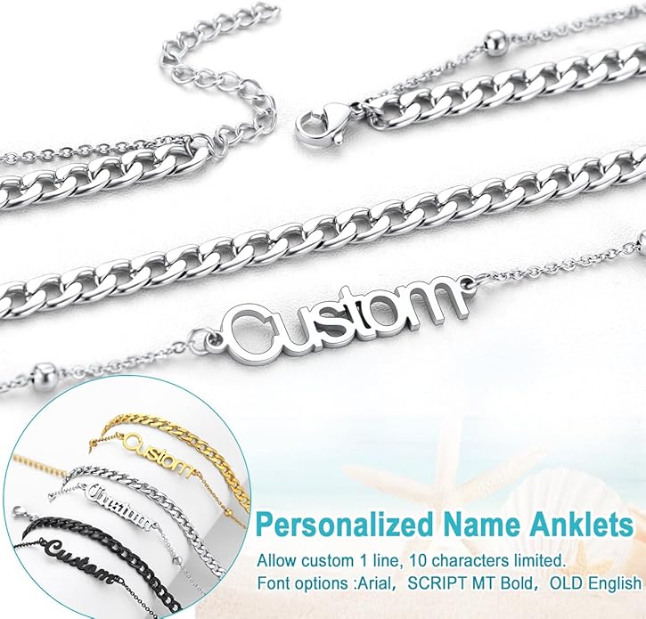 U7 Custom Layered Ankle Bracelets for Women Stainless Steel Bead/Cuban/Figaro/Rope/Wheat Chain Anklet Waterproof Anklet Jewelry for Beach Vacation