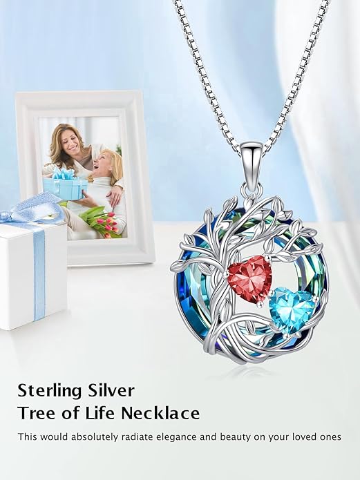 TOUPOP s925 Sterling Silver Family Celtic Tree of Life Pendant Necklaces with 2 Heart Birthstone with Blue Austrian Crystal Jewelry Birthday Anniversary Christmas Gifts for Her Wife Girlfriend Mom (18K Real White Gold Filled)