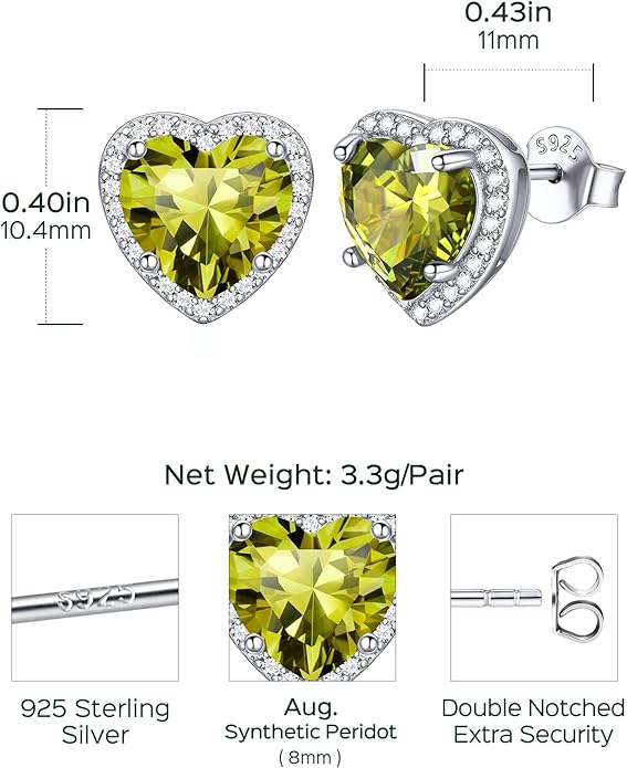 ChicSilver 925 Sterling Silver Birthstone Earrings for Women, 8MM/2 Carat Heart & Round Cubic Zirconia Stud Earrings, Hypoallergenic Jewelry, Ideal Birthday or Christmas Gifts