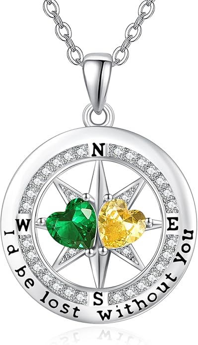 JIYVY32 Compass Birthstones Necklace for Women, Exquisite S925 Necklace Anniversary Birthday Gifts for Wife Her Double Birthstone Pendant jewelry ‘I'd be Lost Without You’