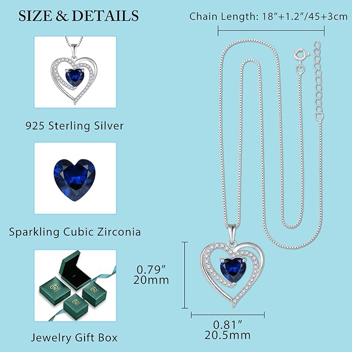 FJ Love Heart Necklace for Women 925 Sterling Silver Birthstone Pendant Anniversary Birthday Jewelry