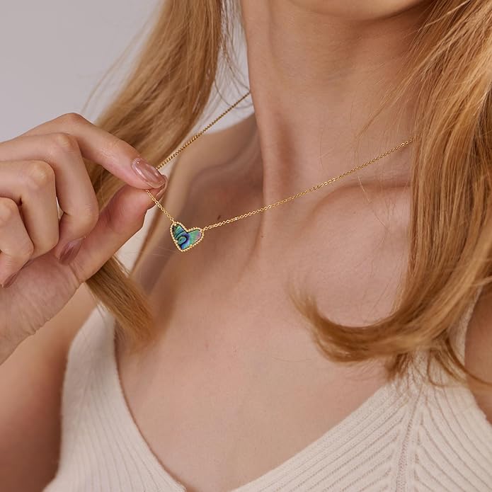 Heart Necklace for Women Dainty 14K Gold Filled Necklace Cute Heart Pendant Adjustable Chain Necklace Trendy Non Tarnish Gold Mother of Pearl Necklace for Wedding Christmas Valentines Day Gifts
