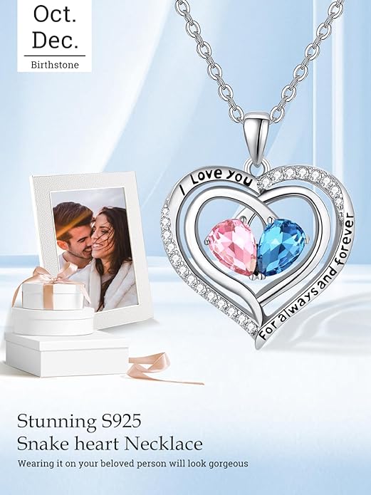 Zeuslia Double Birthstone Necklace Gifts for Wife - 925 Sterling Silver Sunflower/Rose/Crown Cross/Compass/Heart Pendant I Love You Necklace, Anniversary Birthday Gifts for Wife Girlfriend Mom Her