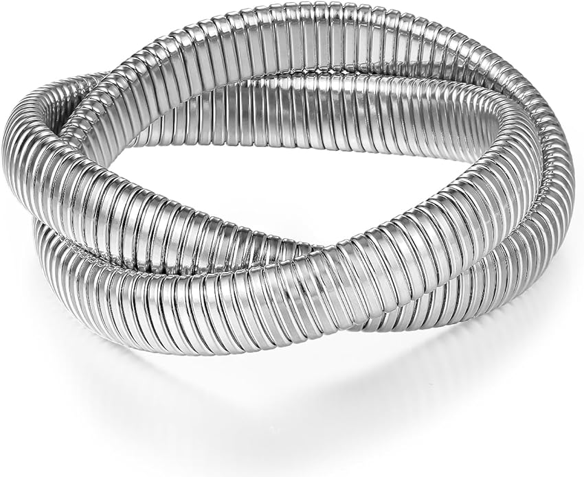 Emibele Gold Bangles Bracelet Set for Women, 18K Gold Plated Chunky Stainless Steel Non Tarnish Stretch Bracelet Stack, Flexible Wide Wristband Bangle Layered Snake Chain Bracelets