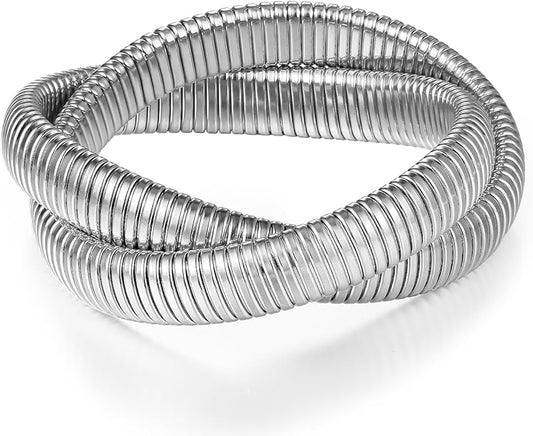 Emibele Gold Bangles Bracelet Set for Women, 18K Gold Plated Chunky Stainless Steel Non Tarnish Stretch Bracelet Stack, Flexible Wide Wristband Bangle Layered Snake Chain Bracelets