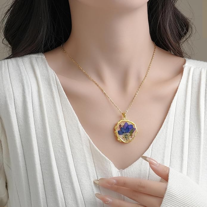 Birth Flower Necklaces for Women,1-12 Month Real Pressed Flower Necklace,Boho-Style Personalized Jewelry, Handmade Floral Pendant,Thoughtful Gift for Christmas,Birthday|18"