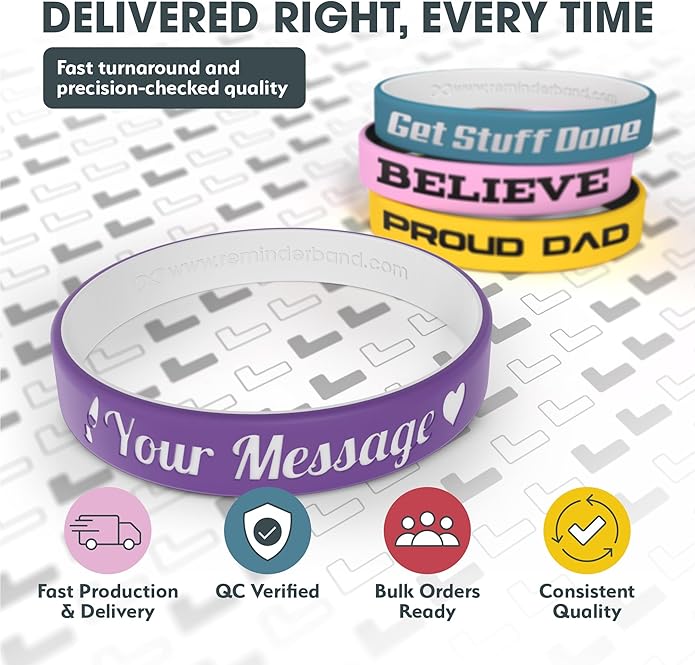 Reminderband Custom 100% Silicone Luxe Wristbands – Personalized Motivational Bracelets, Bulk Rubber Bands for Events, Fundraisers, Awareness, Gifts - Hypoallergenic Bands