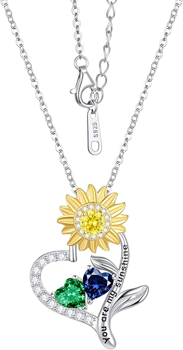 PERJI Valentine's Day Gifts for Women - 925 Sterling Silver Double Birthstone Sunflower Necklace, Anniversary Birthday Jewelry You are My Sunshine Gifts for Wife Couple Girlfriend 18"+2" Non Tarnish