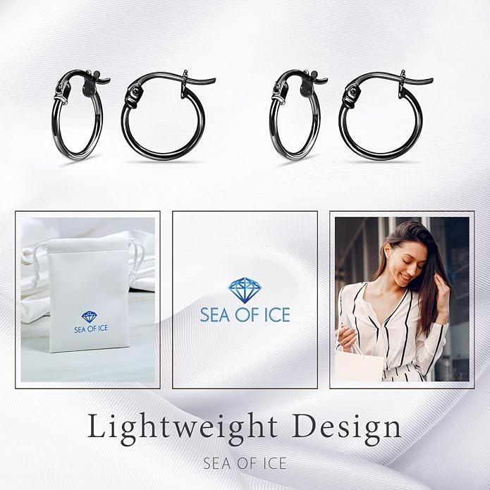 SEA OF ICE 925 Sterling Silver Hoop Earrings for Women - Hypoallergenic Earrings for Women in Sterling Silver, Yellow Gold, Rose Gold or Black Rhodium | Sizes 12MM, 15MM, 20MM or Multipack