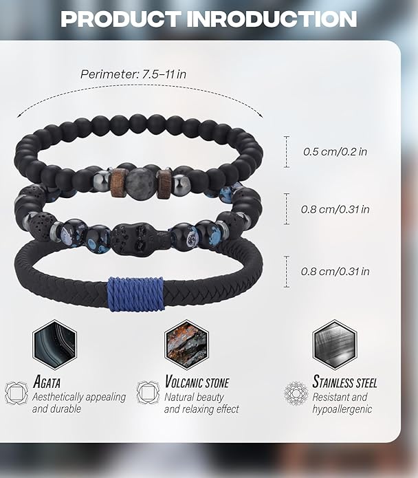 3pc Mens Beaded Bracelets Silver Stainless Steel Chain Bracelet for Men Handmade Braided Bracelet Sets Jewelry Gifts for Men