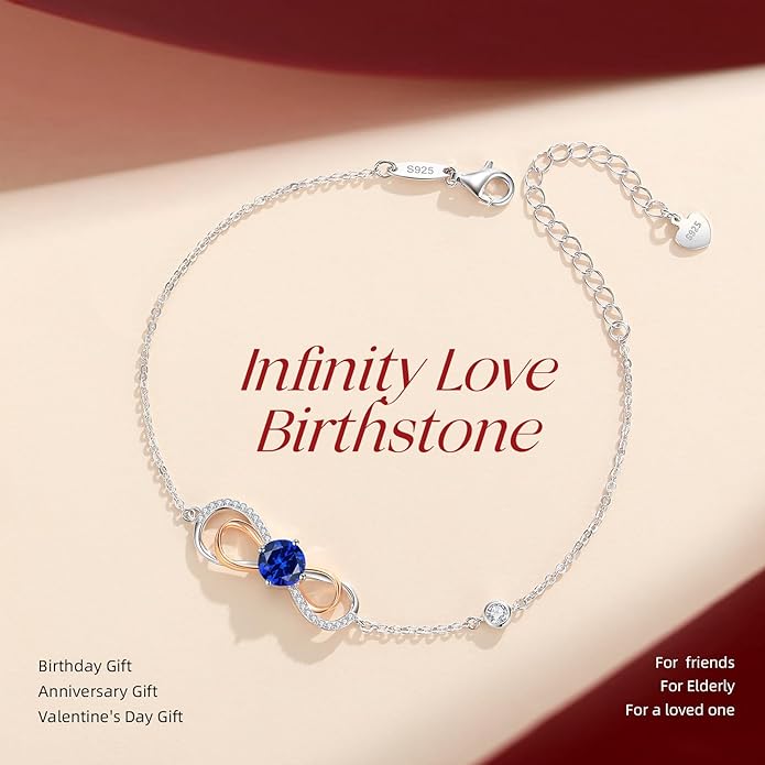 LOUISA SECRET Rose Gold Infinity Heart Bracelet for Women, Adjustable Chain 925 Sterling Silver Link Birthstone Bracelets, Best Anniversary Birthday Jewelry Gifts for Women Mom Wife Her