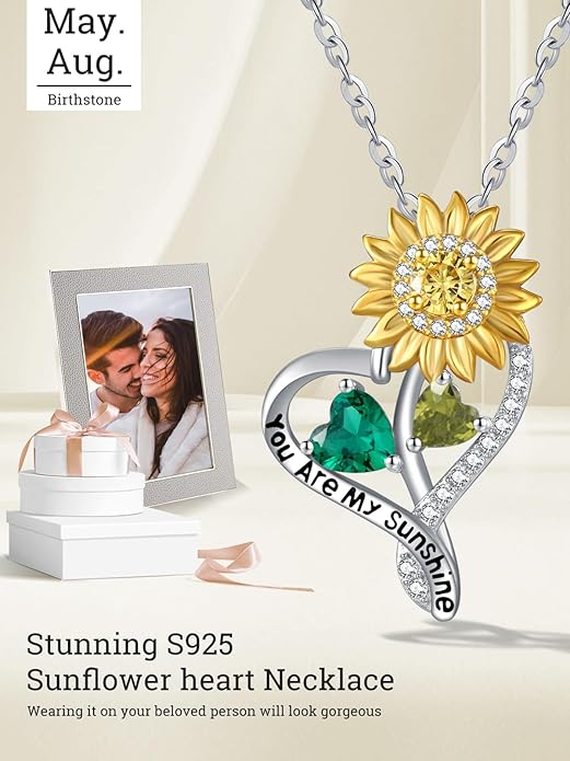 Zeuslia Double Birthstone Necklace Gifts for Wife - 925 Sterling Silver Sunflower/Rose/Crown Cross/Compass/Heart Pendant I Love You Necklace, Anniversary Birthday Gifts for Wife Girlfriend Mom Her
