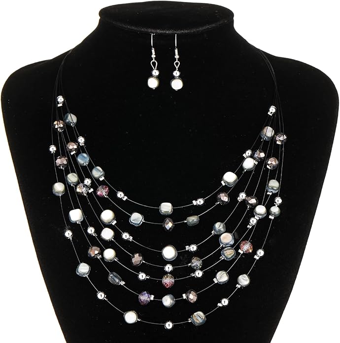 Multi-Layer Boho Shell Beaded Necklace for Women Colorful Crystal Strand with Silver Beads Statement Collars Necklace and Earrings Costumes Jewelry Sets for Women