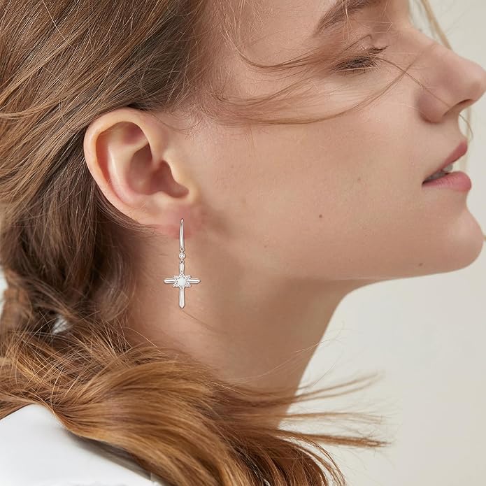FANCIME Cross Dangle Drop Earrings 925 Sterling Silver Dainty Round Birthstone Earring Fine Jewelry Birthday Gifts for Her Women