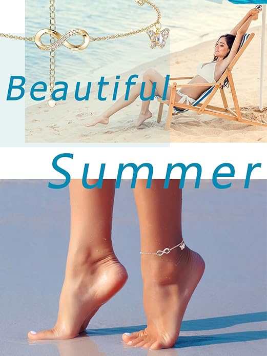 Moissanite Infinity Anklet for Women, Real Authentic 925 Sterling Silver Hypoallergenic, Beautiful Summer Jewelry, Dainty Ankle Bracelet, 8.6-10.6inch (21-26cm) Adjustable