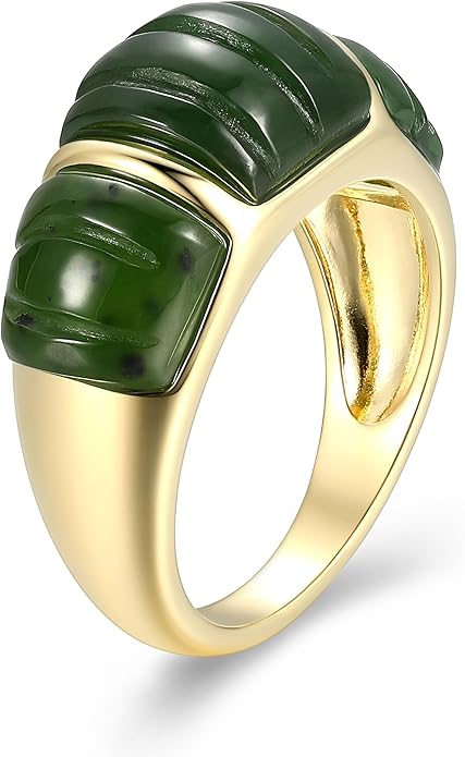 .925 14K Gold Plated Sterling Silver Carved Green Jade Rings for Women - Hypoallergenic Genuine Nephrite Jade Sterling Silver Rings Women, Bold & Sculptural Jewelry Design Size 7