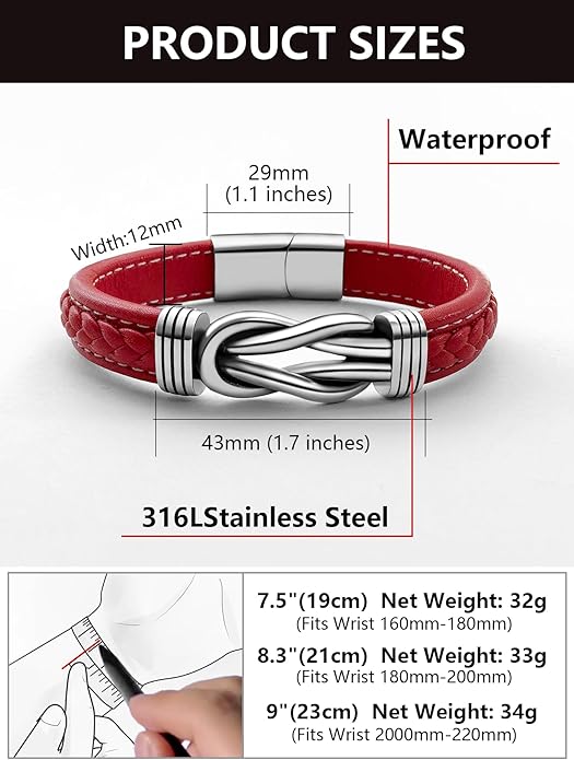 Mens Black Braided Leather Bracelet, Green/Red/Brown/Black Braided Leather Infinity Knot Bracelets for Men with Stainless Steel Clasp, 7.5/8.5/9in Length