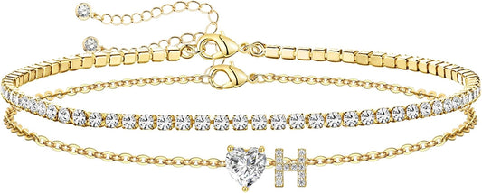 Gold Initial Ankle Bracelets for Women Waterproof 14K Gold Filled Layered Anklets for Women Non Tarnish Women's Anklets Adjustable Large Ankle Summer Beach Foot Jewelry