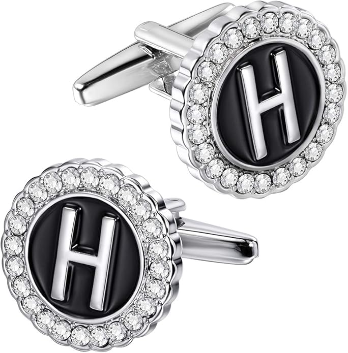 HAWSON A-Z Initial Cufflinks for Men and Women with Clear Crystal, Gold Silver Color Rasied Letter A-Z Cuff Links for French Shirt, Gift for Normal and Business Wearing