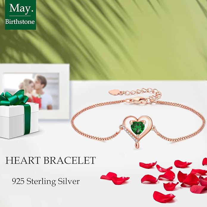 LAVUMO Love Heart Bracelets for Women 925 Silver Charm Birthstone Bracelet Adjustable Anniversary Birthday Jewelry Gifts for Women Girlfriend Wife Daughter Mom Her