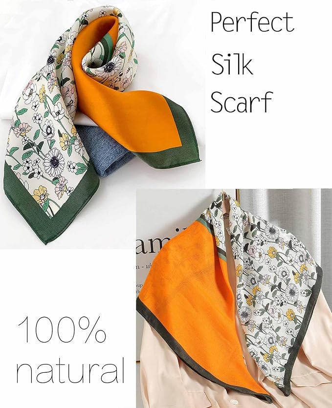 kcctoo 27.5" Mulberry Silk Feeling Head Scarf Women's Fashion Square Neck Satin Scarfs for Bag Hair Scarves Gift