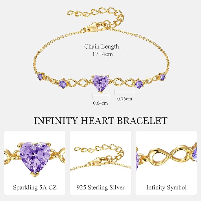 G&GEMSJEW Infinity Heart Birthstone Bracelets for Women, 925 Sterling Silver Women Charm Link Bracelet Adjustable, Birthday Anniversary Christmas Jewelry Gifts for Women Wife Mom Girlfriend Her