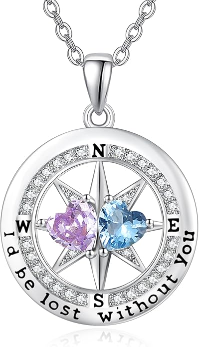 Compass Birthstones Necklace for Women, Exquisite Anniversary Birthday Gifts for Wife Her Double Birthstone Pendant jewelry ‘I'd be Lost Without You’