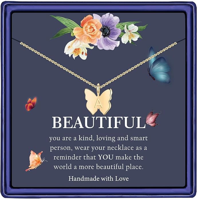 Hidepoo Initial Butterfly Necklace for Girls Gifts, 14K Gold/Silver/Rose Gold Filled Dainty Butterfly Pendant Choker Necklace Initial Butterfly Necklace Birthday Gifts for Girls