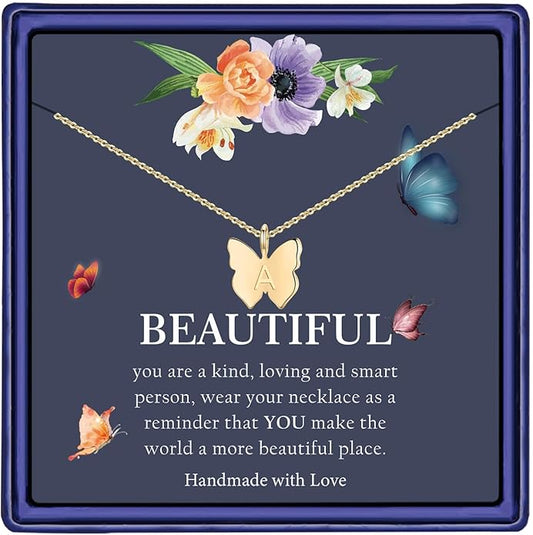 Hidepoo Initial Butterfly Necklace for Girls Gifts, 14K Gold/Silver/Rose Gold Filled Dainty Butterfly Pendant Choker Necklace Initial Butterfly Necklace Birthday Gifts for Girls