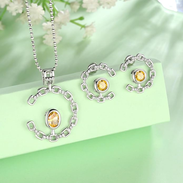 Ydou Elegant C-Shaped Crystal Necklaces/Stud Earrings Set with Birthstone Jewelry Set Silver Plated Fashion Jewelry for Women CS0003