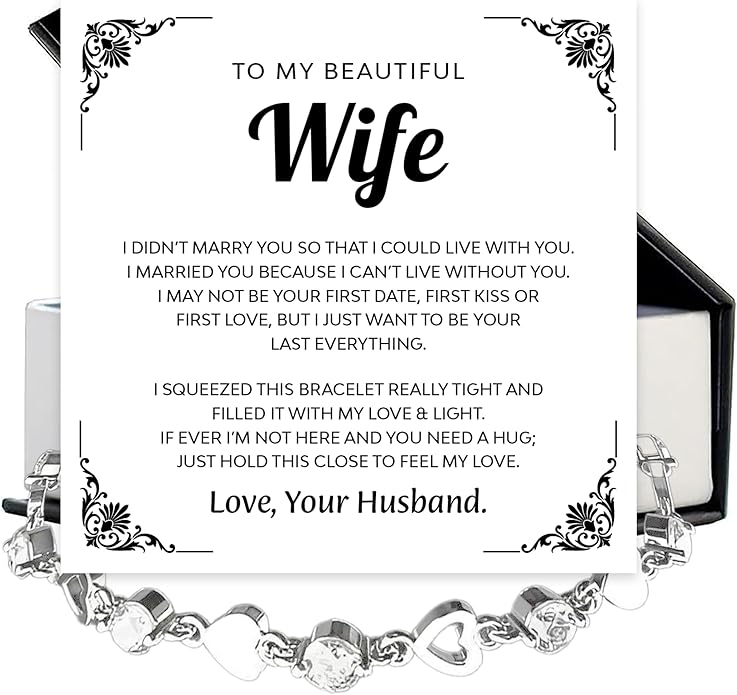 To My Wife Crystal Heart Bracelet Gift From Husband, Beautiful Wife Jewelry For Anniversary, Birthday, Christmas, Valentine’s Day, Bracelet For Her With Heartfelt Message & Elegant Box