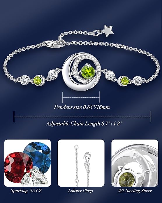 FANCIME Birthstone Bracelets 925 Sterling Silver Moon and Star Bangle Charm Bracelet Fine Jewelry Birthday Anniversary Christmas Day Gift for Her Women, Adjustable Chain 6.7"+1.2" Extend