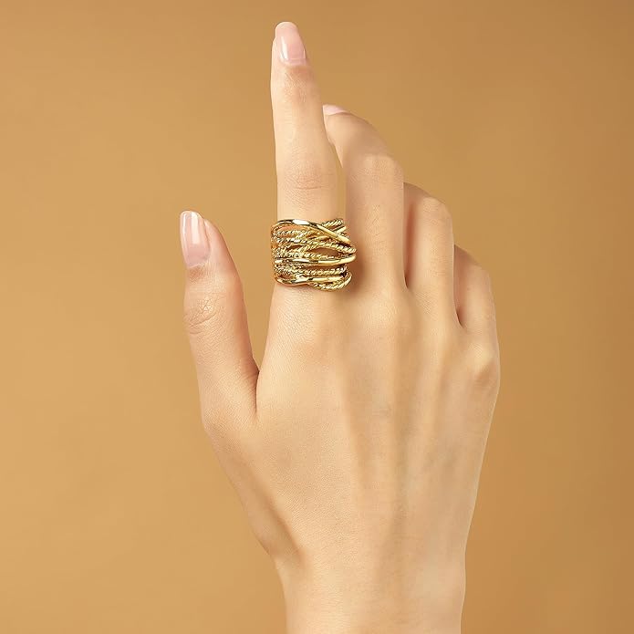 Wide Band Rings Twisted Rope Ring Two-Tone Mixed Metal Braided Statement Rings Fashion Jewelry for Women