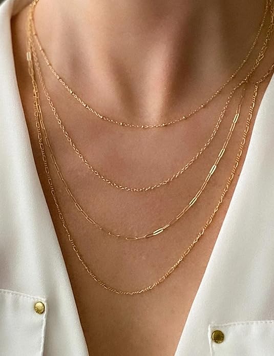 AILPIWE Layered Gold Necklaces for Women, 18K Gold Plated Dainty Paperclip Box Cuban Satellite Chain Necklace Set, Simple Gold Necklace Stack for Women