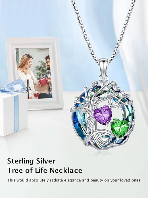 TOUPOP s925 Sterling Silver Family Celtic Tree of Life Pendant Necklaces with 2 Heart Birthstone with Blue Austrian Crystal Jewelry Birthday Anniversary Christmas Gifts for Her Wife Girlfriend Mom (18K Real White Gold Filled)