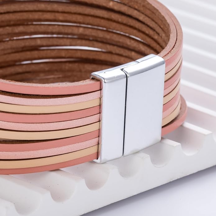 FANCY SHINY Boho Leather Wrap Bracelet Stackable Layered Bangle Cuff with Magnetic Clasp