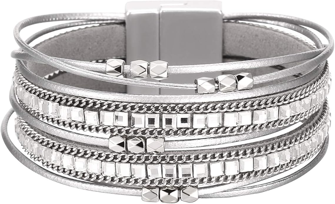 Fesciory Leather Wrap Bracelets for Women, Boho Leopard Multi-Layer Crystal Beads Cuff Bracelet Jewelry