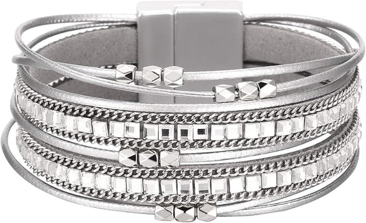 Fesciory Leather Wrap Bracelets for Women, Boho Leopard Multi-Layer Crystal Beads Cuff Bracelet Jewelry