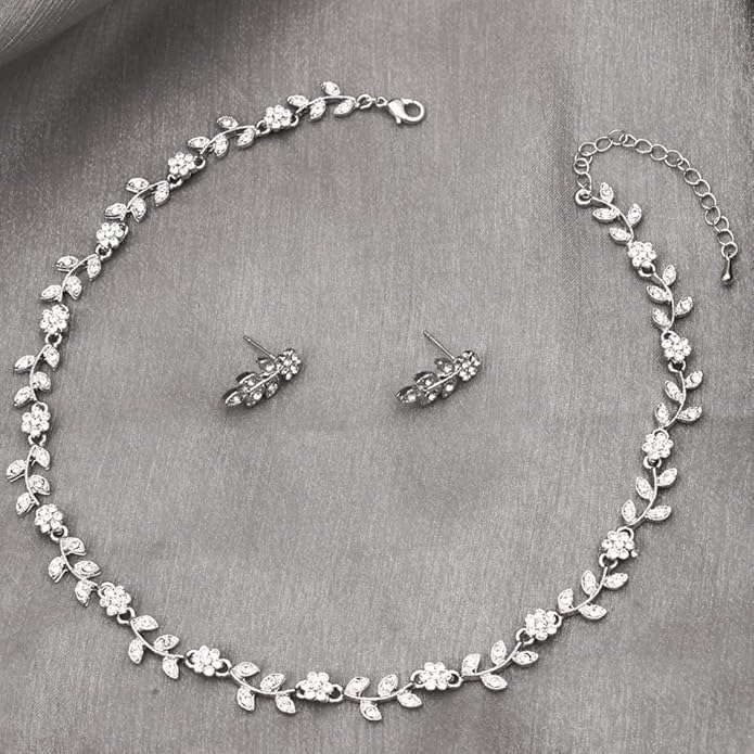 Austrian Crystal Rhinestone Choker Necklace Dangle Earring Link Bracelet Jewelry Set for Brides Bridesmaid Prom Costume Accessories for Women