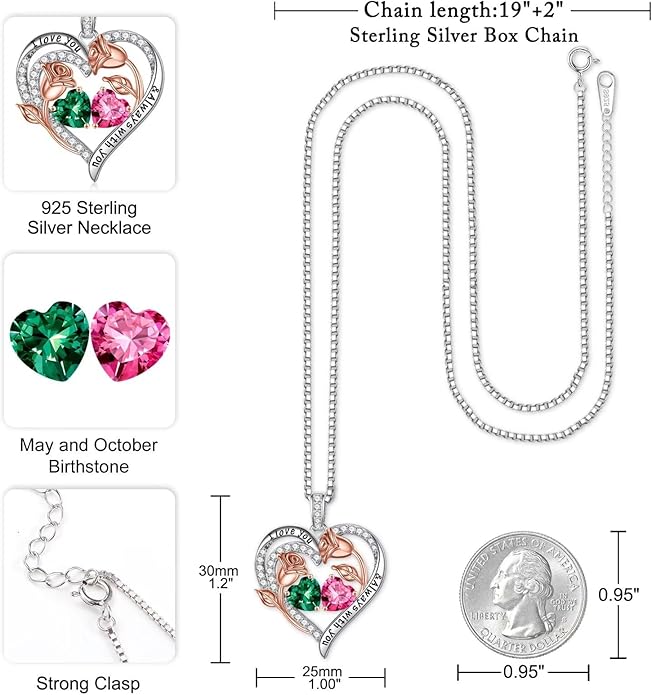 Iefil Birthstone Necklace for Women - 925 Sterling Silver Rose Heart Birthstone Necklace Birthday Anniversary Jewelry Gifts for Her Wife Mom Daughter