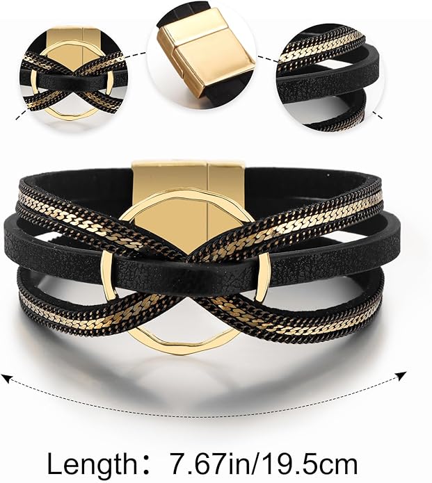 Edoneery Leather Wrap Bracelet for Women, Boho Handmade Multi-Layer Cuff with Crystal Beads Heart, Stackable Bangle Western Jewelry Gift