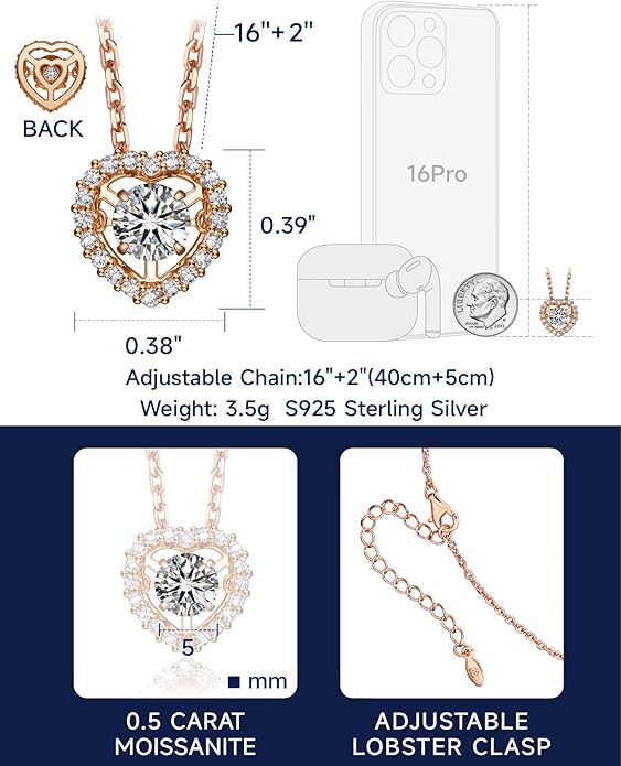 MomentWish Dancing Heart Necklace for Women, 0.5/1 Carat Dancing Moissanite Necklace for Her 925 Sterling Silver Pendant Anniversary Birthday Christmas Gift for Wife Mom Girlfriend