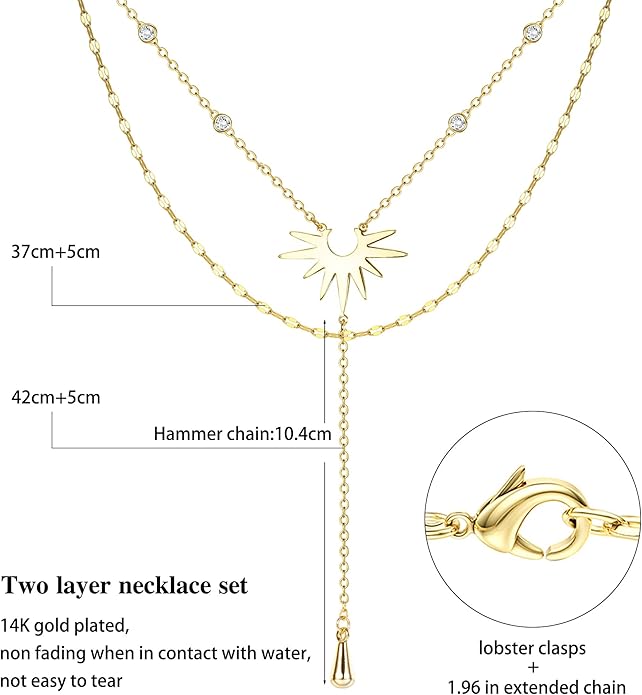 Dochais Dainty Gold Layered Necklace for Women, 14K Gold Plated Y Necklace & Chain, Dainty Lariat Long Necklaces, Trendy Cubic Zirconia Choker, Sun, Heart, Pearl & Cross Pendant Necklace, Jewelry Gift