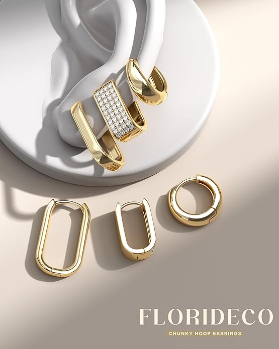 Florideco 3Pairs Chunky Gold Earrings Set 14K Gold Plated Hoop Earrings for Women Trendy Small Thick Huggie Hoops Earring Lightweight Silver Hoop Earring Sets for Multiple Piercing