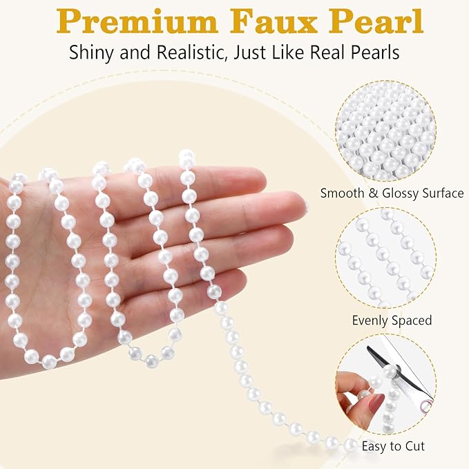 82 Feet Faux Pearl Garland, 6mm Pearl String Roll Strands, Extended String of Pearls Garland for Christmas Tree Wedding Party Decoration Centerpieces Flowers DIY Crafts (White)