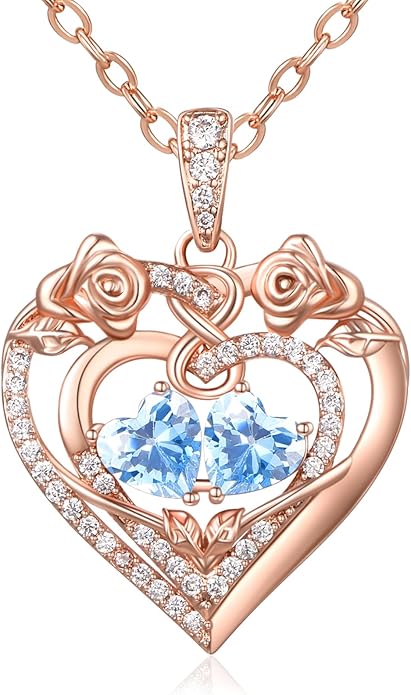 JIYVY32 Rose Heart Necklace for Women Exquisite 925 Sterling Silver Anniversary Birthday Gifts for Wife Mom Her Double Birthstone Pendant Jewelry