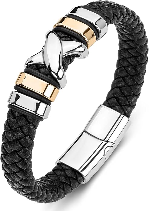Leather Bracelet for Men Braided Cuff Wristband Stainless Steel Clasp in Silver and Gold Jewellery Gift